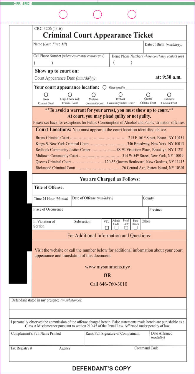 Criminal Court Appearance Ticket